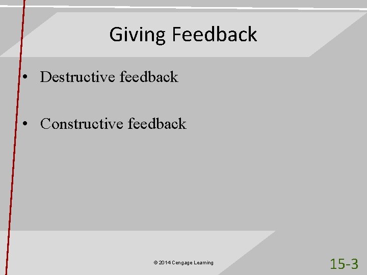 Giving Feedback • Destructive feedback • Constructive feedback © 2014 Cengage Learning 15 -3