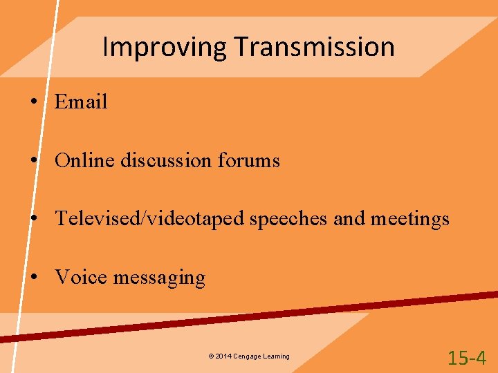 Improving Transmission • Email • Online discussion forums • Televised/videotaped speeches and meetings •