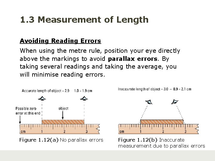 1. 3 Measurement of Length Avoiding Reading Errors When using the metre rule, position