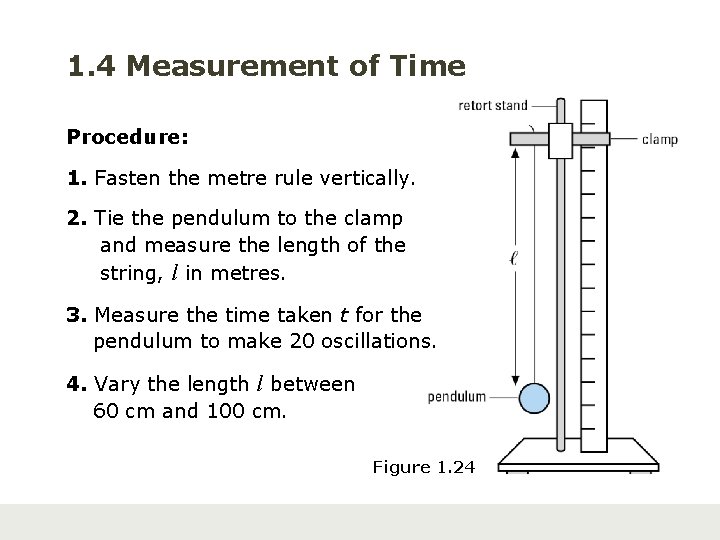 1. 4 Measurement of Time Procedure: 1. Fasten the metre rule vertically. 2. Tie