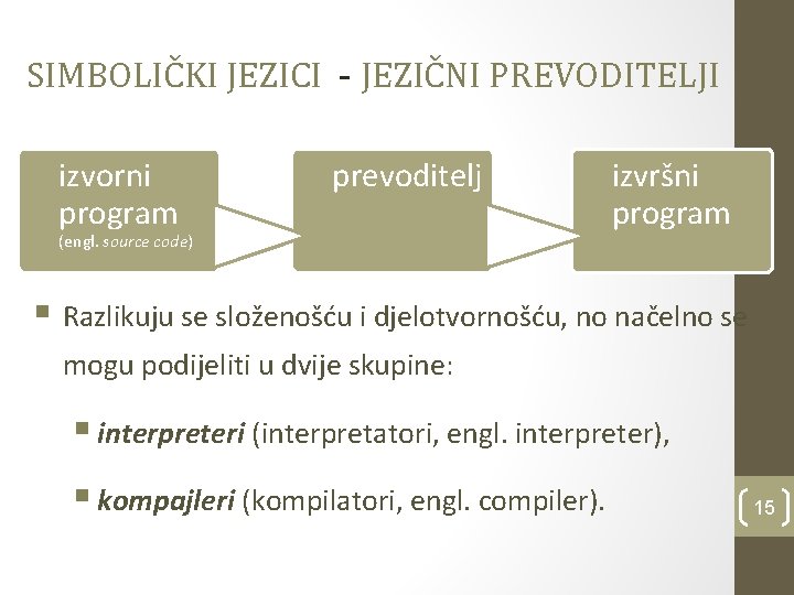 SIMBOLIČKI JEZICI - JEZIČNI PREVODITELJI izvorni program prevoditelj (engl. source code) izvršni program §