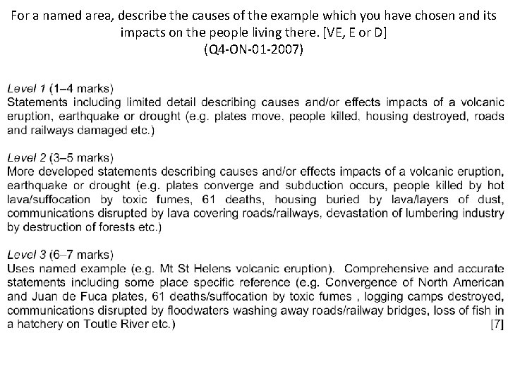 For a named area, describe the causes of the example which you have chosen