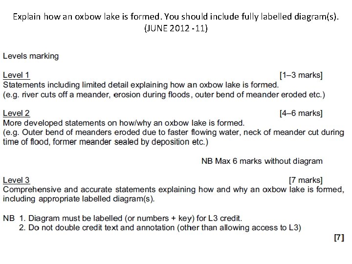 Explain how an oxbow lake is formed. You should include fully labelled diagram(s). (JUNE