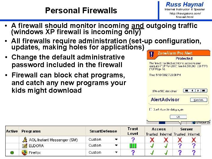 Personal Firewalls Russ Haynal Internet Instructor & Speaker http: / /navigators. com/ firewall. html