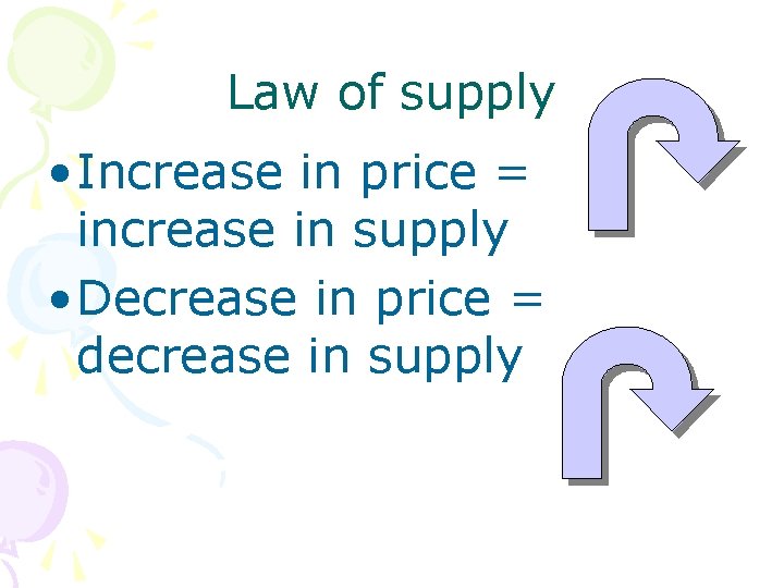 Law of supply • Increase in price = increase in supply • Decrease in