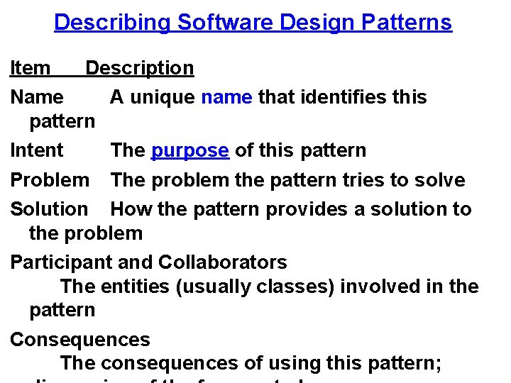 Describing Software Design Patterns Item Description Name A unique name that identifies this pattern