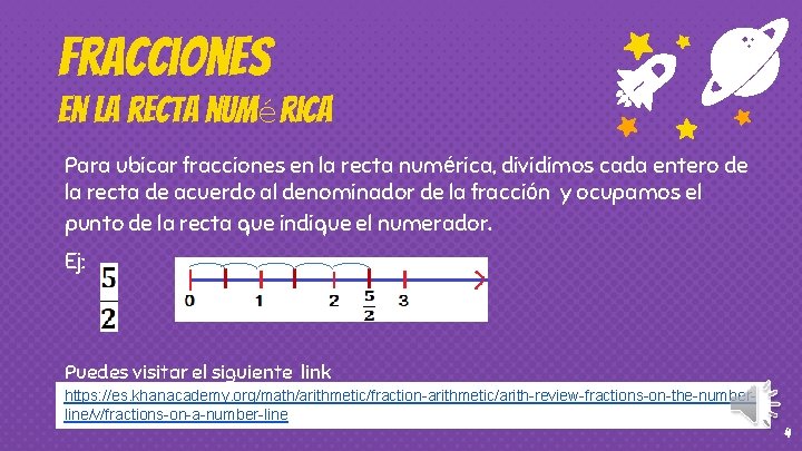 Fracciones en la recta numérica Para ubicar fracciones en la recta numérica, dividimos cada