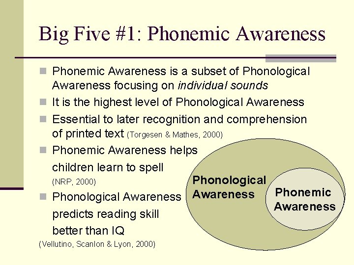 Big Five #1: Phonemic Awareness n Phonemic Awareness is a subset of Phonological n