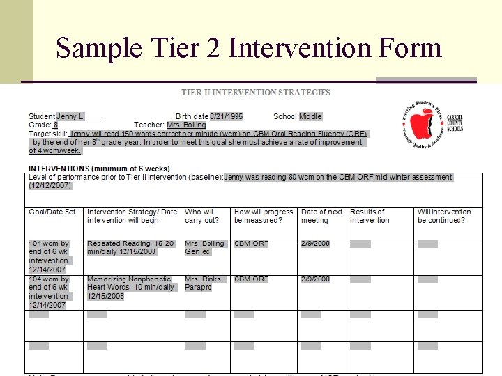 Sample Tier 2 Intervention Form 