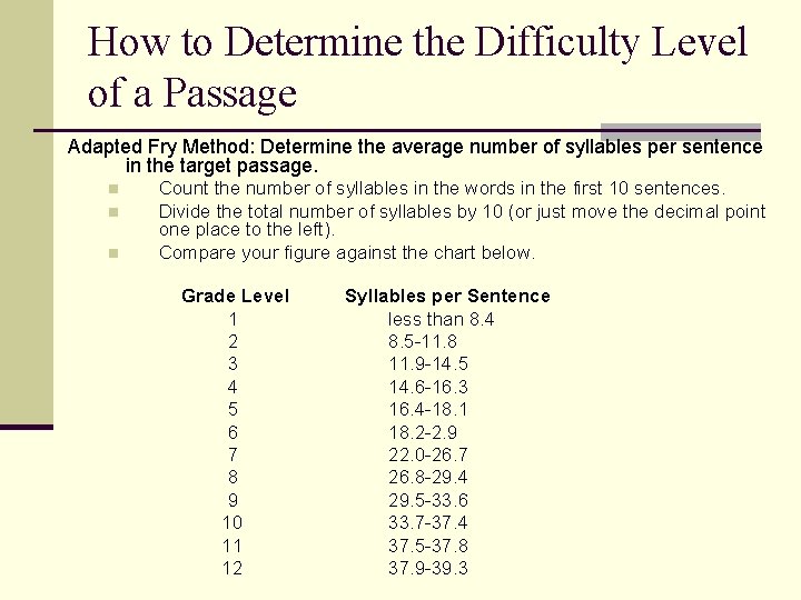 How to Determine the Difficulty Level of a Passage Adapted Fry Method: Determine the