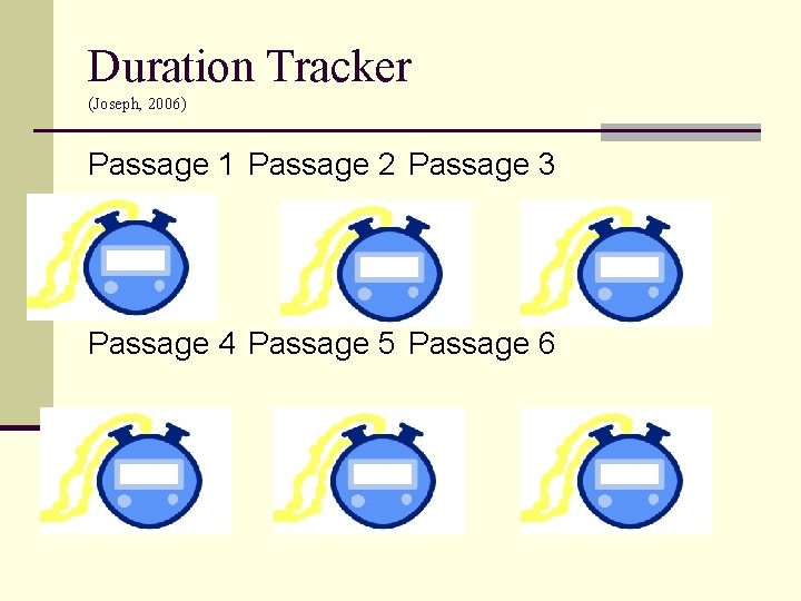 Duration Tracker (Joseph, 2006) Passage 1 Passage 2 Passage 3 Passage 4 Passage 5 Duration Tracker (Joseph, 2006) Passage 1 Passage 2 Passage 3 Passage 4 Passage 5