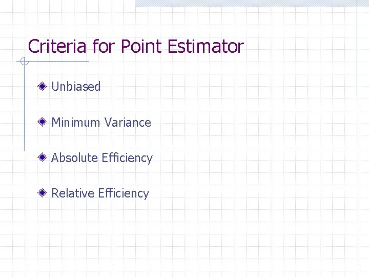 Criteria for Point Estimator Unbiased Minimum Variance Absolute Efficiency Relative Efficiency 