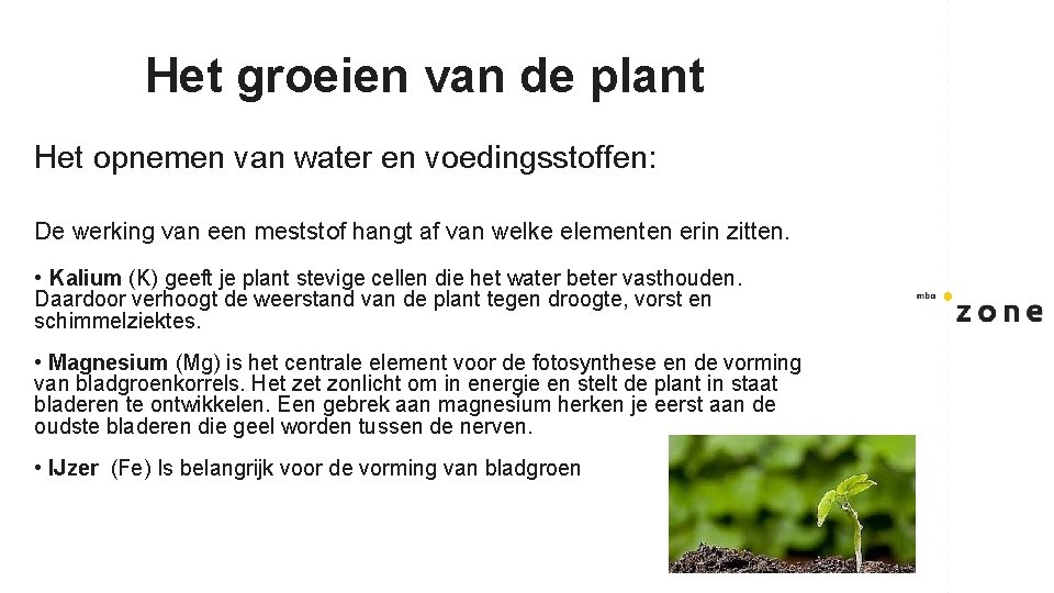 Het groeien van de plant Het opnemen van water en voedingsstoffen: De werking van