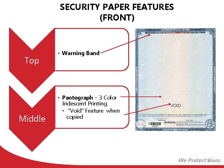 SECURITY PAPER FEATURES (FRONT) Top Middle • Warning Band • Pantograph – 3 Color