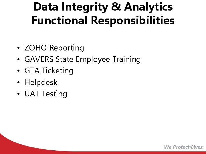 Data Integrity & Analytics Functional Responsibilities • • • ZOHO Reporting GAVERS State Employee