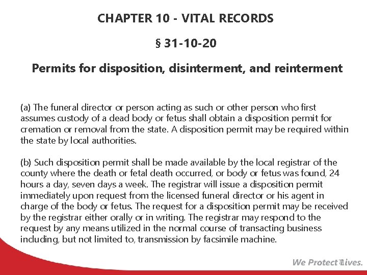 CHAPTER 10 - VITAL RECORDS § 31 -10 -20 Permits for disposition, disinterment, and