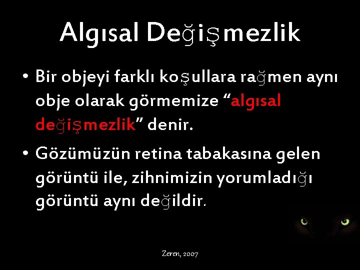 Algısal Değişmezlik • Bir objeyi farklı koşullara rağmen aynı obje olarak görmemize “algısal değişmezlik”