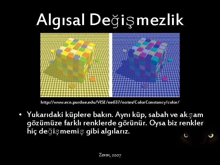 Algısal Değişmezlik http: //www. ecn. purdue. edu/VISE/ee 637/notes/Color. Constancy/color/ • Yukarıdaki küplere bakın. Aynı