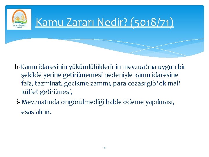 Kamu Zararı Nedir? (5018/71) h-Kamu idaresinin yükümlülüklerinin mevzuatına uygun bir şekilde yerine getirilmemesi nedeniyle