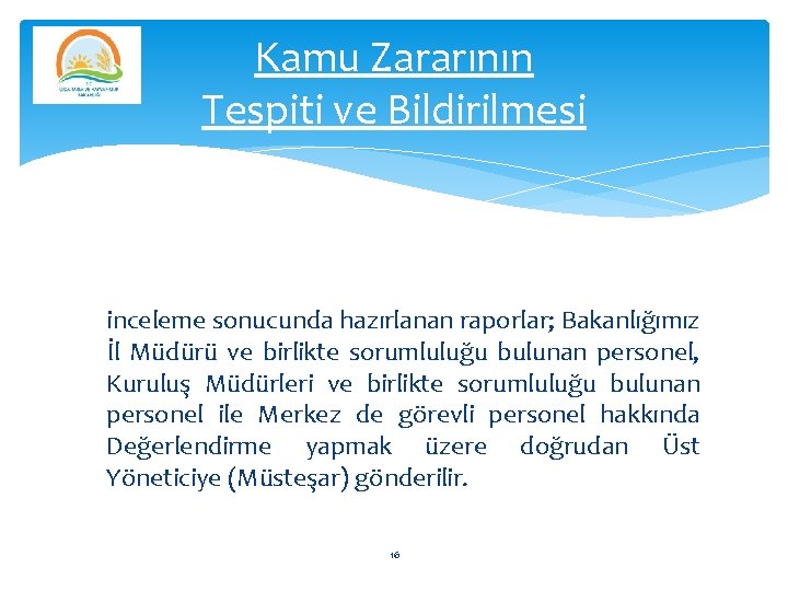 Kamu Zararının Tespiti ve Bildirilmesi inceleme sonucunda hazırlanan raporlar; Bakanlığımız İl Müdürü ve birlikte