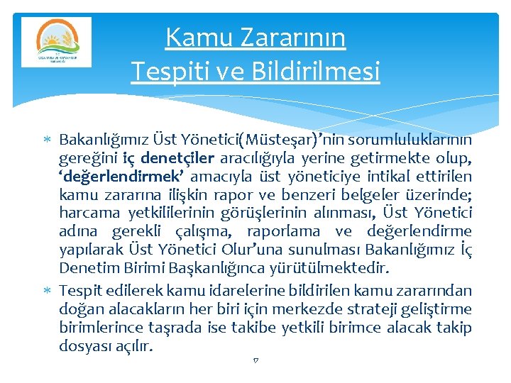 Kamu Zararının Tespiti ve Bildirilmesi Bakanlığımız Üst Yönetici(Müsteşar)’nin sorumluluklarının gereğini iç denetçiler aracılığıyla yerine