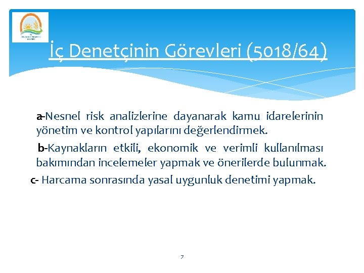 İç Denetçinin Görevleri (5018/64) a-Nesnel risk analizlerine dayanarak kamu idarelerinin yönetim ve kontrol yapılarını