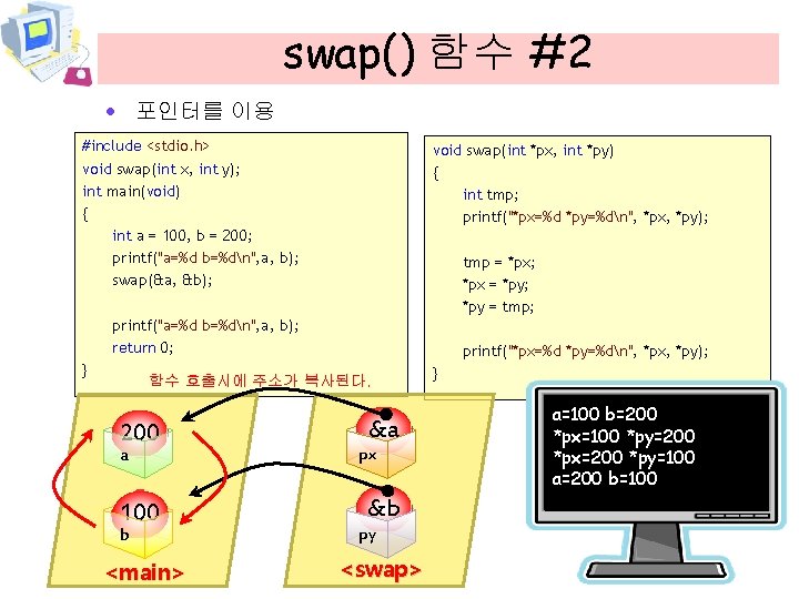 swap() 함수 #2 · 포인터를 이용 #include <stdio. h> void swap(int x, int y);