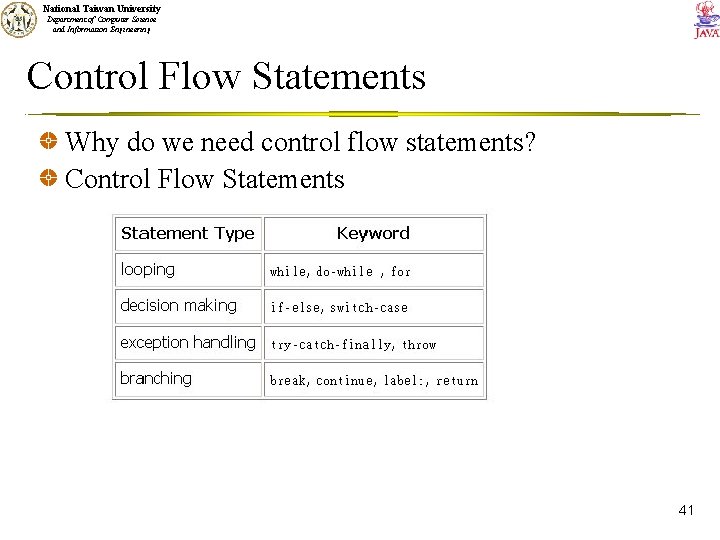 National Taiwan University Department of Computer Science and Information Engineering Control Flow Statements Why