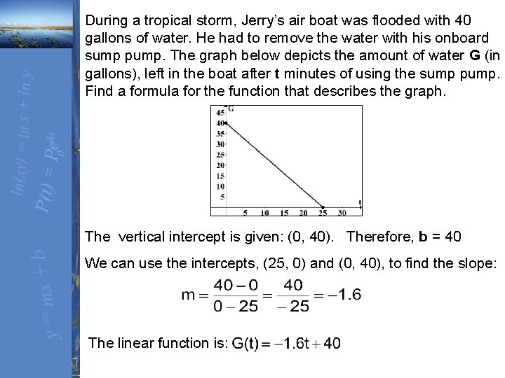 During a tropical storm, Jerry’s air boat was flooded with 40 gallons of water.