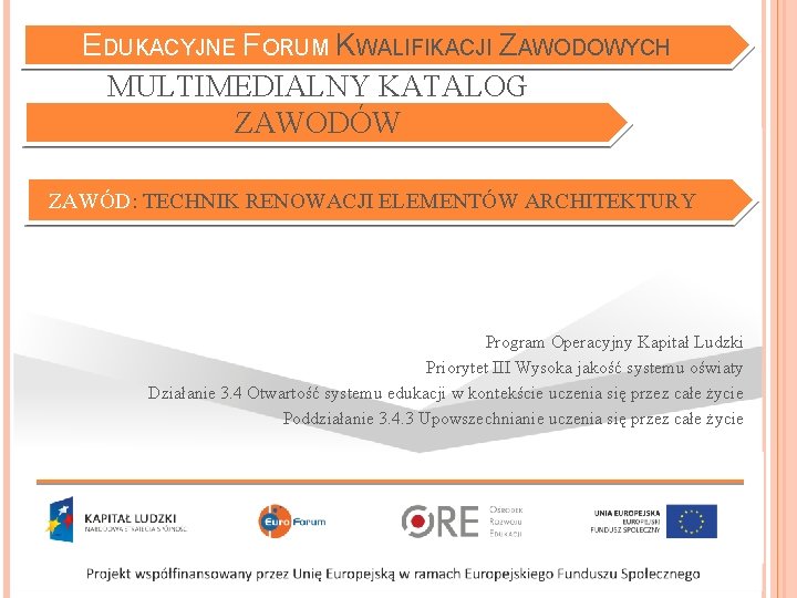 EDUKACYJNE FORUM KWALIFIKACJI ZAWODOWYCH MULTIMEDIALNY KATALOG ZAWODÓW ZAWÓD: TECHNIK RENOWACJI ELEMENTÓW ARCHITEKTURY Program Operacyjny