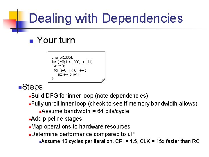 Dealing with Dependencies n Your turn char b[1006]; for (i=0; i < 1000; i++)