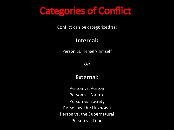 Categories of Conflict can be categorized as: Internal: Person vs. Herself/Himself OR External: Person