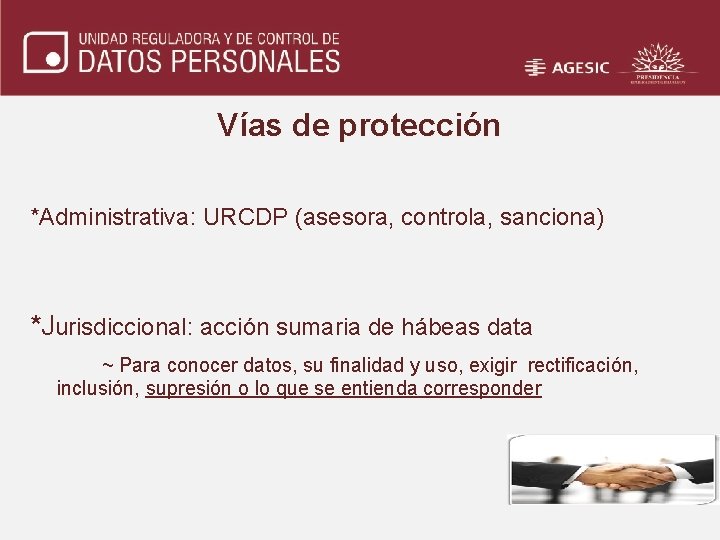Vías de protección *Administrativa: URCDP (asesora, controla, sanciona) *Jurisdiccional: acción sumaria de hábeas data