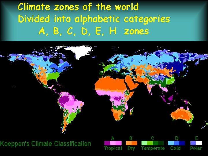 Climate zones of the world Divided into alphabetic categories A, B, C, D, E,