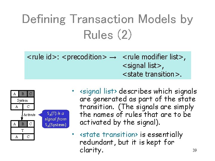 Defining Transaction Models by Rules (2) <rule id>: <precodition> → <rule modifier list>, <signal
