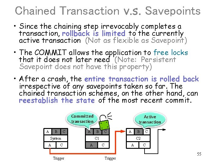 Chained Transaction v. s. Savepoints • Since the chaining step irrevocably completes a transaction,