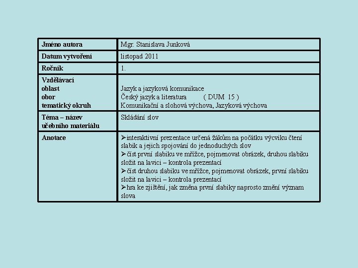 Jméno autora Mgr. Stanislava Junková Datum vytvoření listopad 2011 Ročník 1. Vzdělávací oblast obor