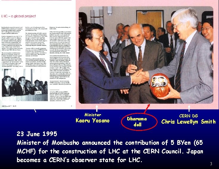 Minister Kaoru Yosano Dharuma doll CERN DG Chris Lewellyn Smith 23 June 1995 Minister Minister Kaoru Yosano Dharuma doll CERN DG Chris Lewellyn Smith 23 June 1995 Minister
