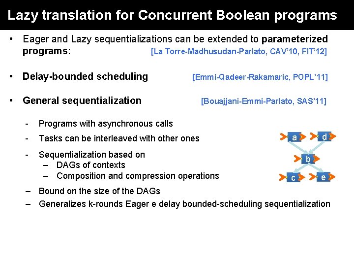 Lazy translation for Concurrent Boolean programs • Eager and Lazy sequentializations can be extended Lazy translation for Concurrent Boolean programs • Eager and Lazy sequentializations can be extended