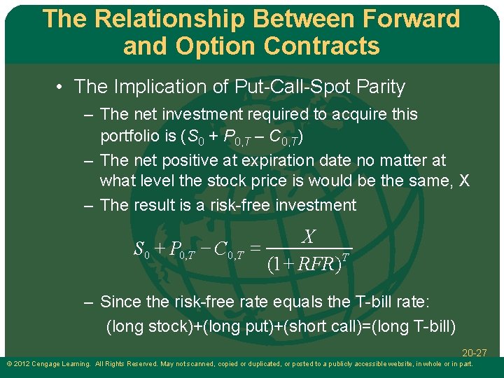 The Relationship Between Forward and Option Contracts • The Implication of Put-Call-Spot Parity –