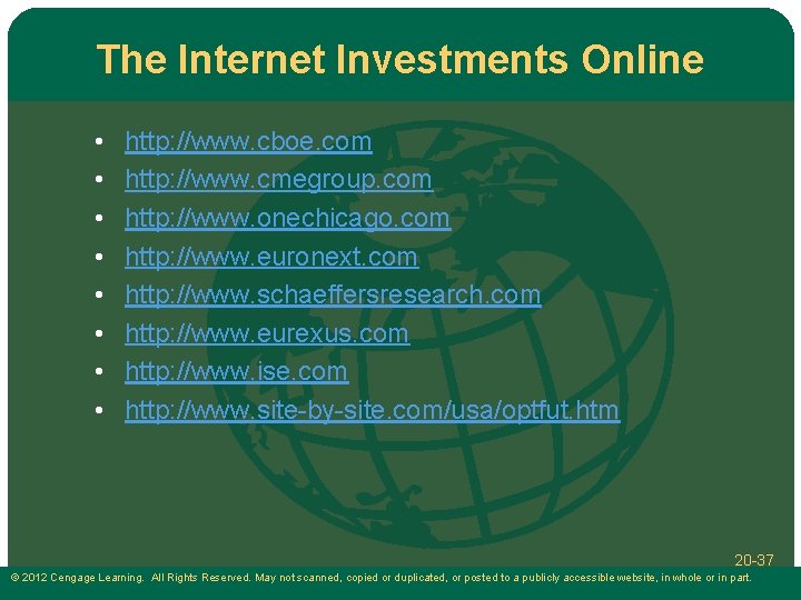 The Internet Investments Online • • http: //www. cboe. com http: //www. cmegroup. com