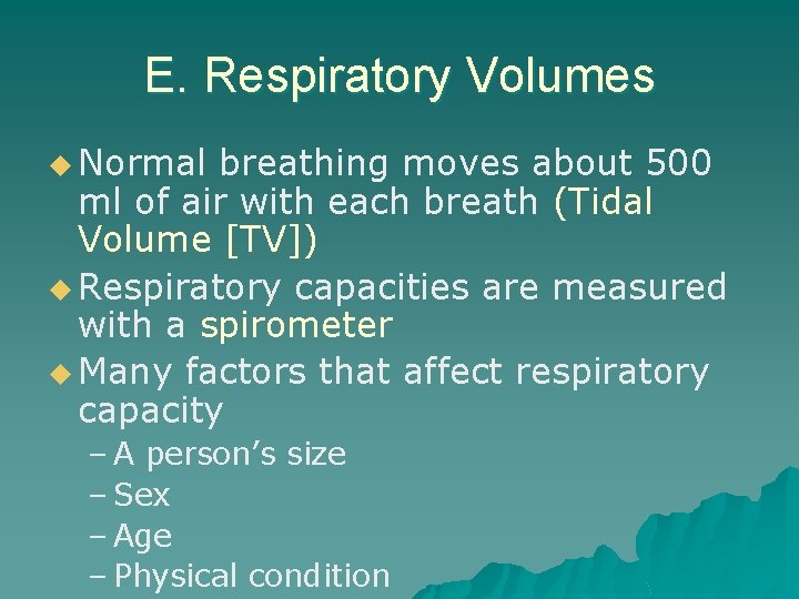 E. Respiratory Volumes u Normal breathing moves about 500 ml of air with each