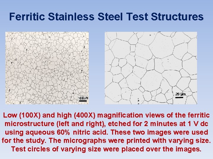 Ferritic Stainless Steel Test Structures 25 m Low (100 X) and high (400 X) Ferritic Stainless Steel Test Structures 25 m Low (100 X) and high (400 X)