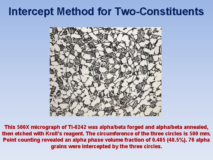 Intercept Method for Two-Constituents This 500 X micrograph of Ti-6242 was alpha/beta forged and Intercept Method for Two-Constituents This 500 X micrograph of Ti-6242 was alpha/beta forged and
