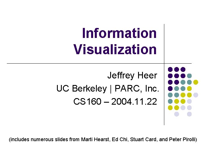 Information Visualization Jeffrey Heer UC Berkeley | PARC, Inc. CS 160 – 2004. 11.