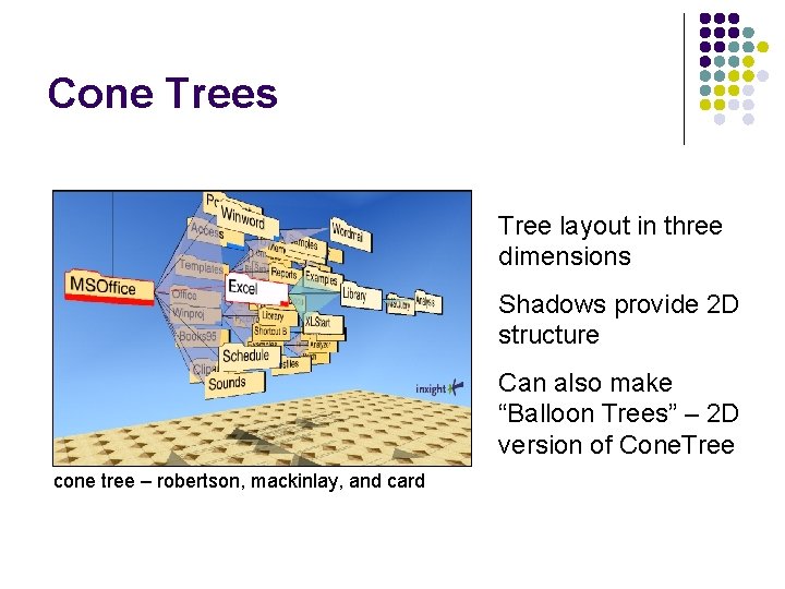 Cone Trees Tree layout in three dimensions Shadows provide 2 D structure Can also