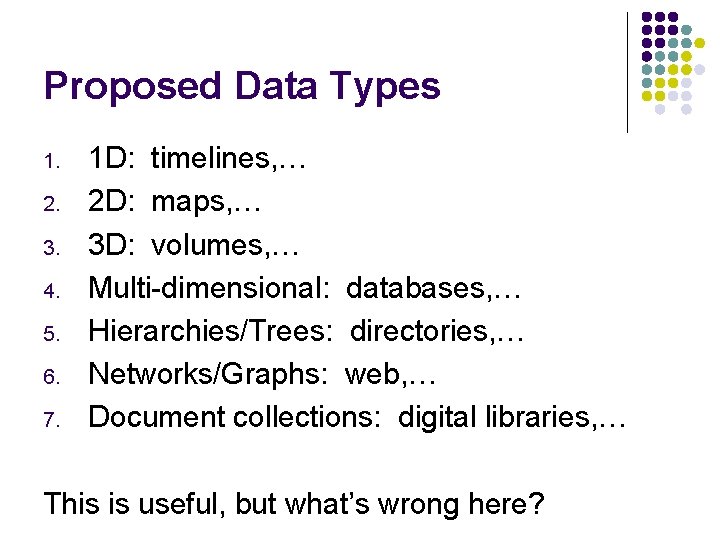 Proposed Data Types 1. 2. 3. 4. 5. 6. 7. 1 D: timelines, …