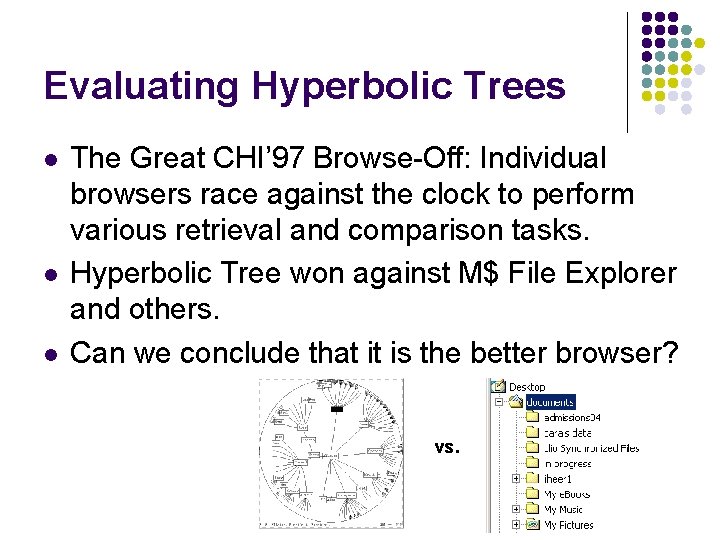 Evaluating Hyperbolic Trees l l l The Great CHI’ 97 Browse-Off: Individual browsers race