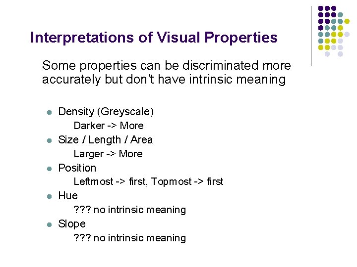 Interpretations of Visual Properties Some properties can be discriminated more accurately but don’t have