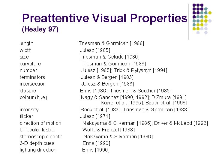 Preattentive Visual Properties (Healey 97) length width size curvature number terminators intersection closure colour